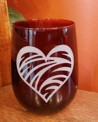 Crimson Etched Heart Stemless Wine Glass